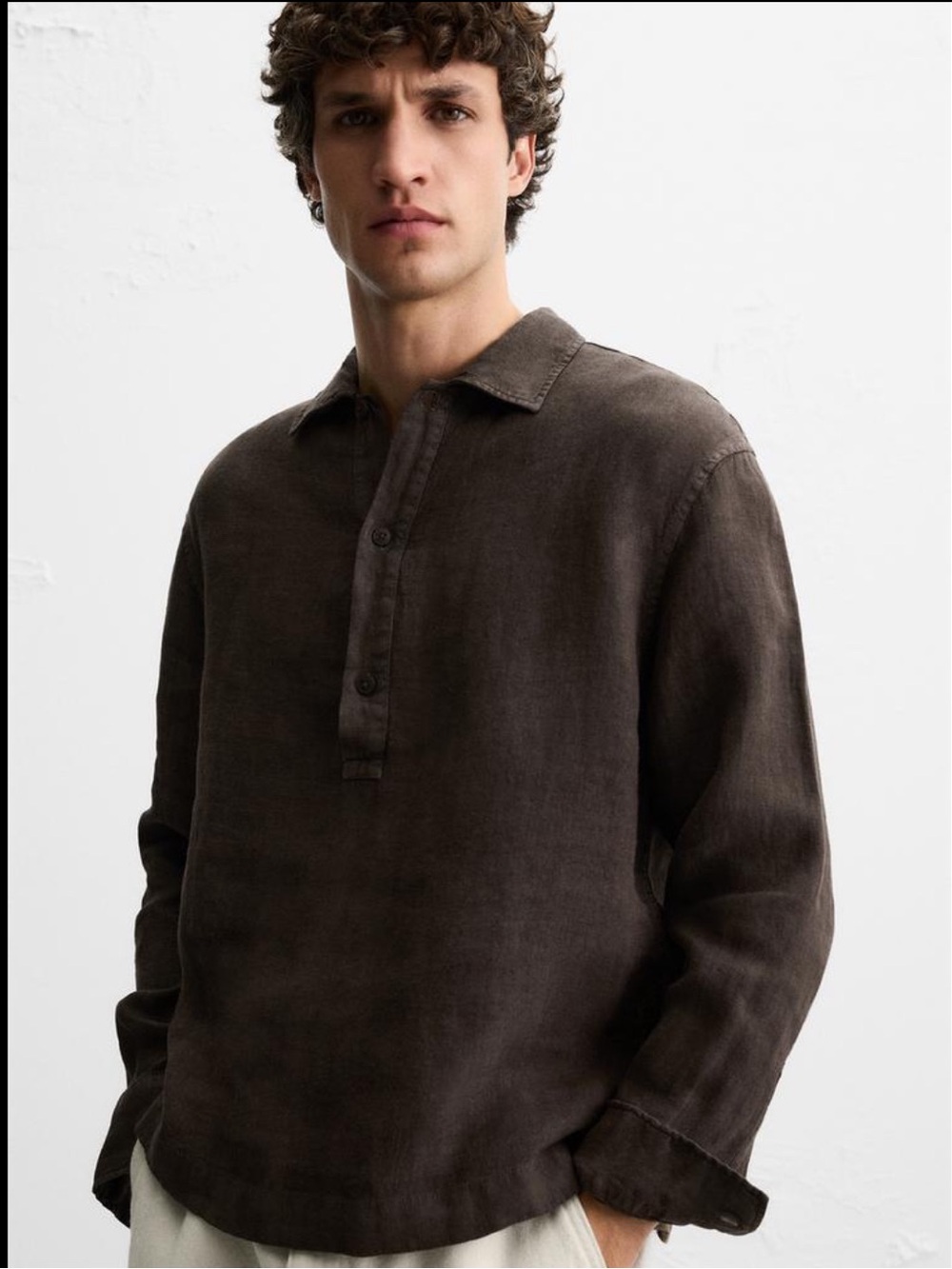 Zara Men's Dark Brown Linen Dress Shirt